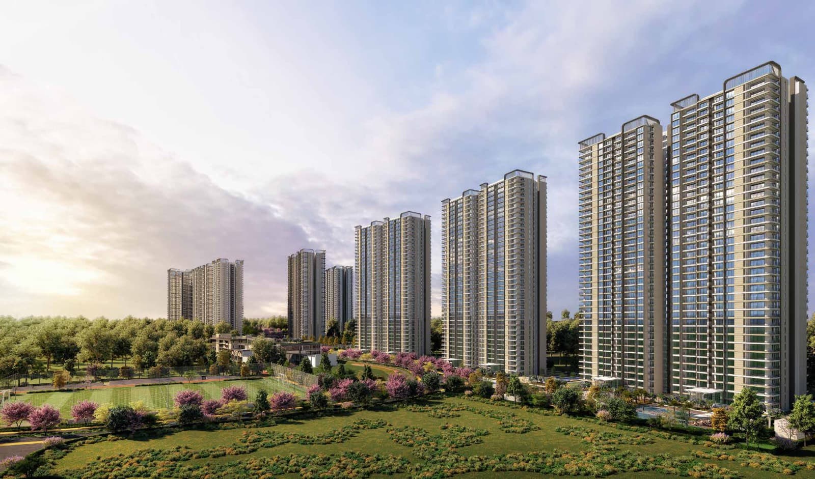 Nambiar District 25 Phase 3 towers seen across open lawns