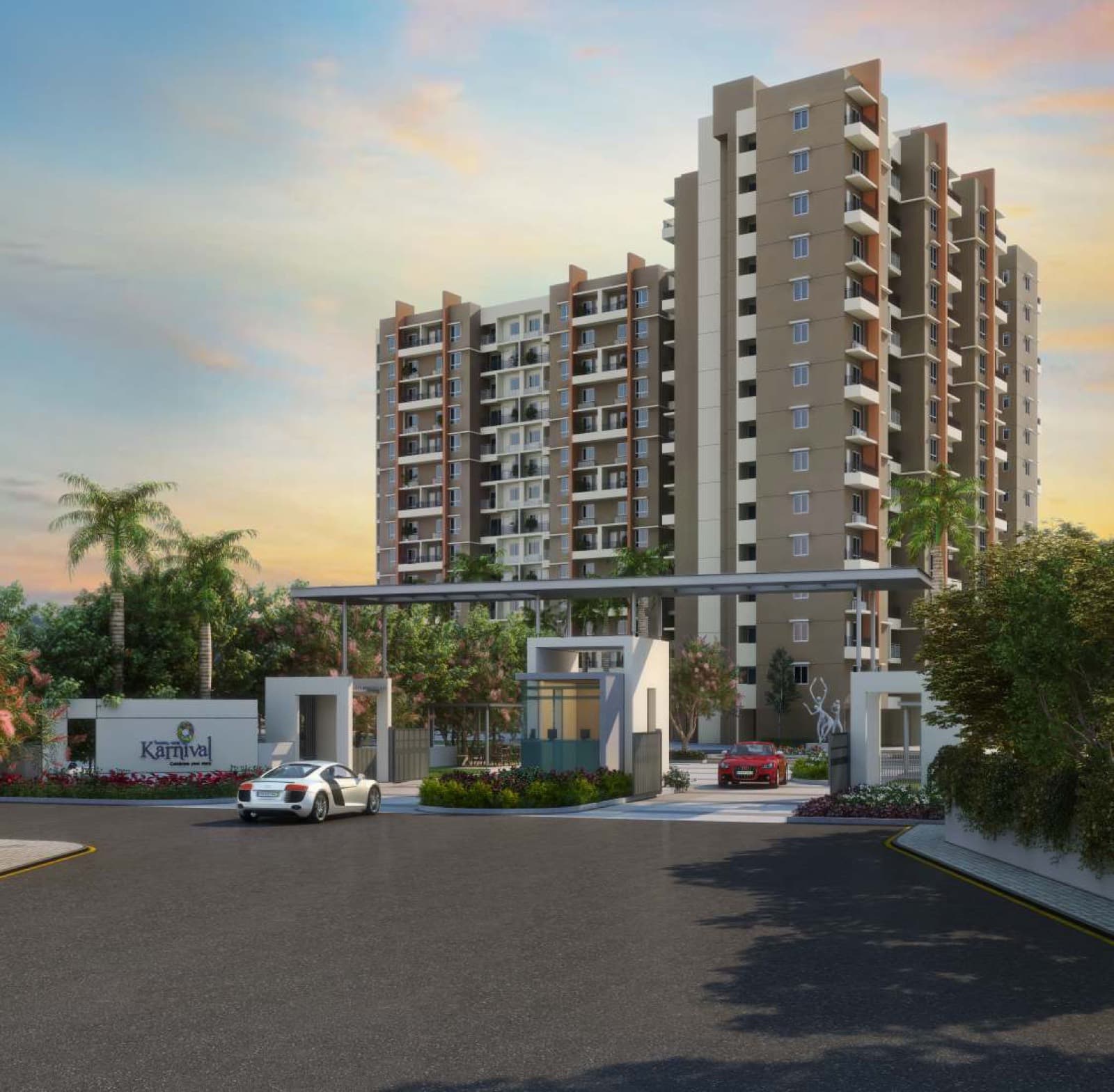 Ramky One Karnival towers above the tree-lined entrance boulevard