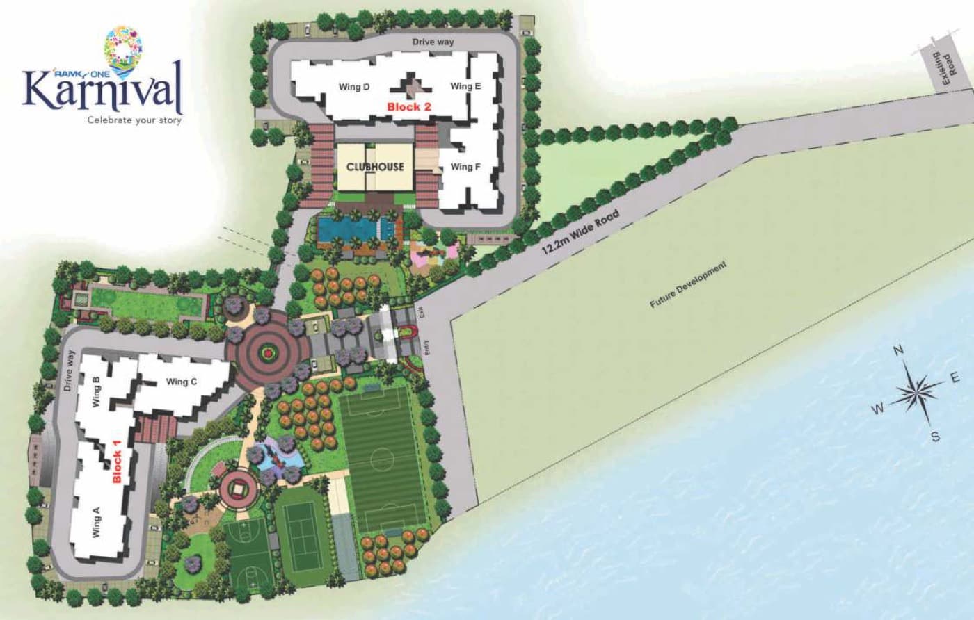 Masterplan showing both blocks, central amenities and the lake edge