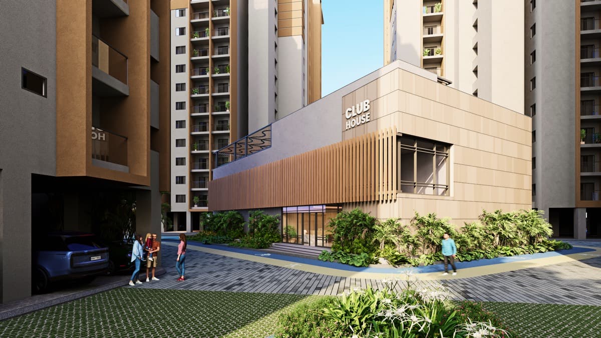 The grand clubhouse entrance with timber-slat facade