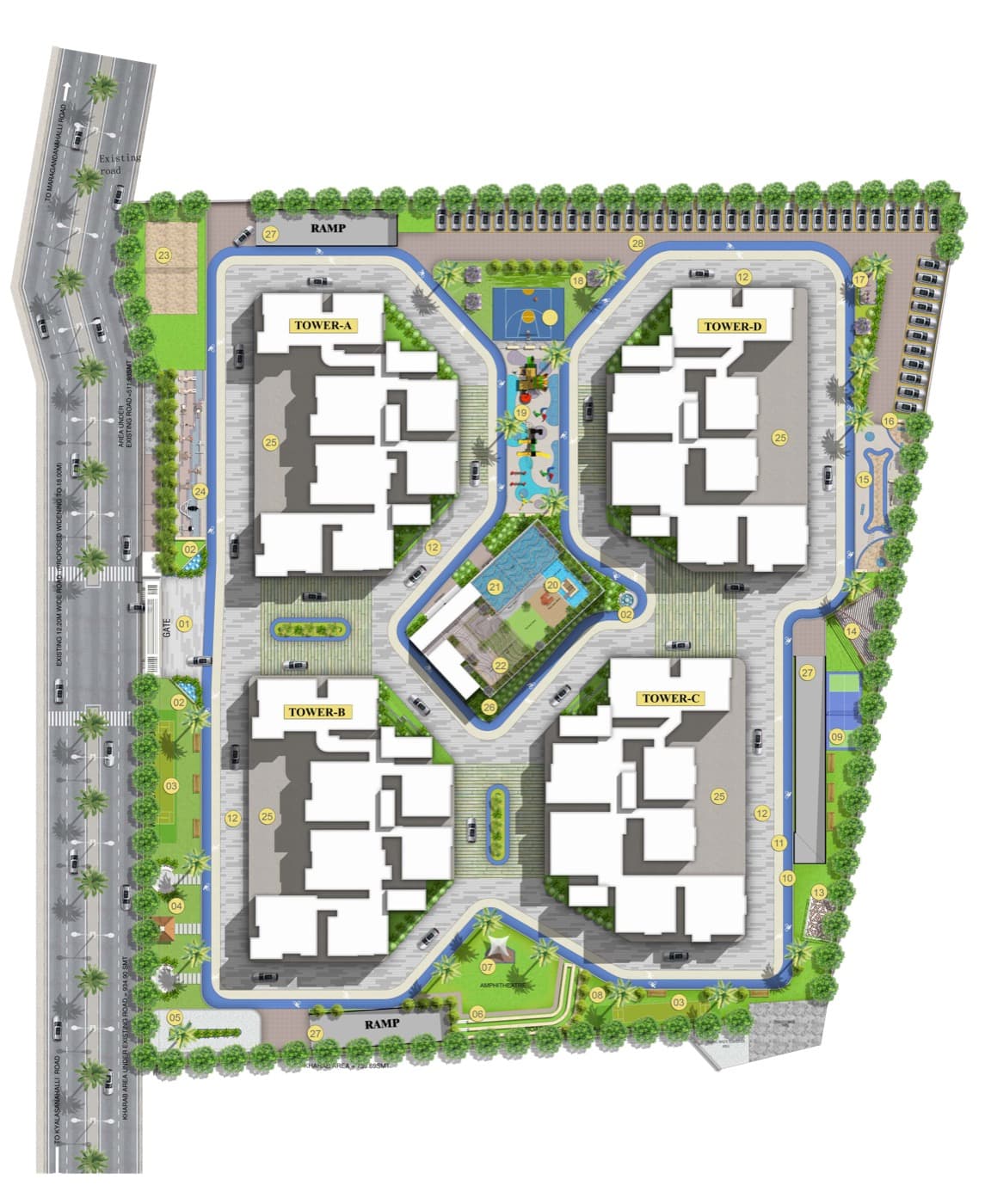 Masterplan of the 5-acre community showing all four towers and amenity zones